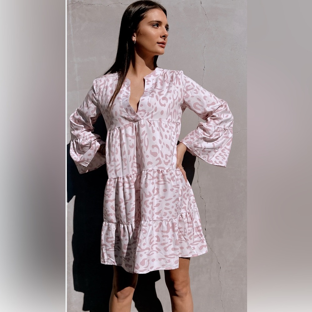 Mazik Pink and Purple Leopard Print Babydoll via Neck Dress Ruffle Sleeve Small